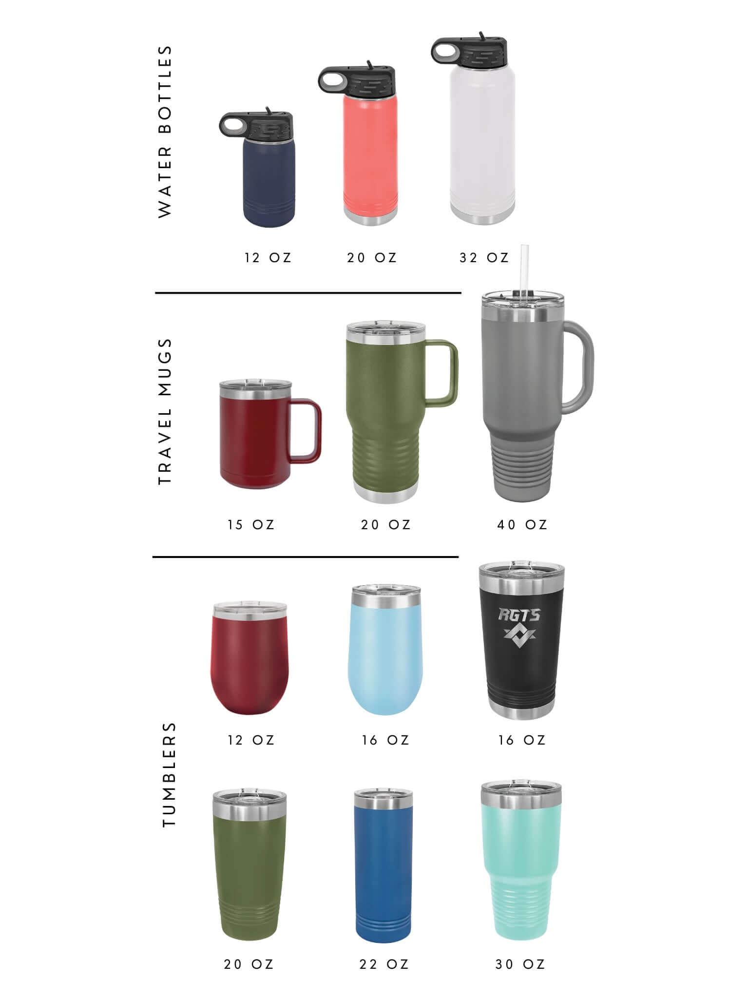 Premium powder coated tumblers with custom engraved logo, bulk pricing for business or teams