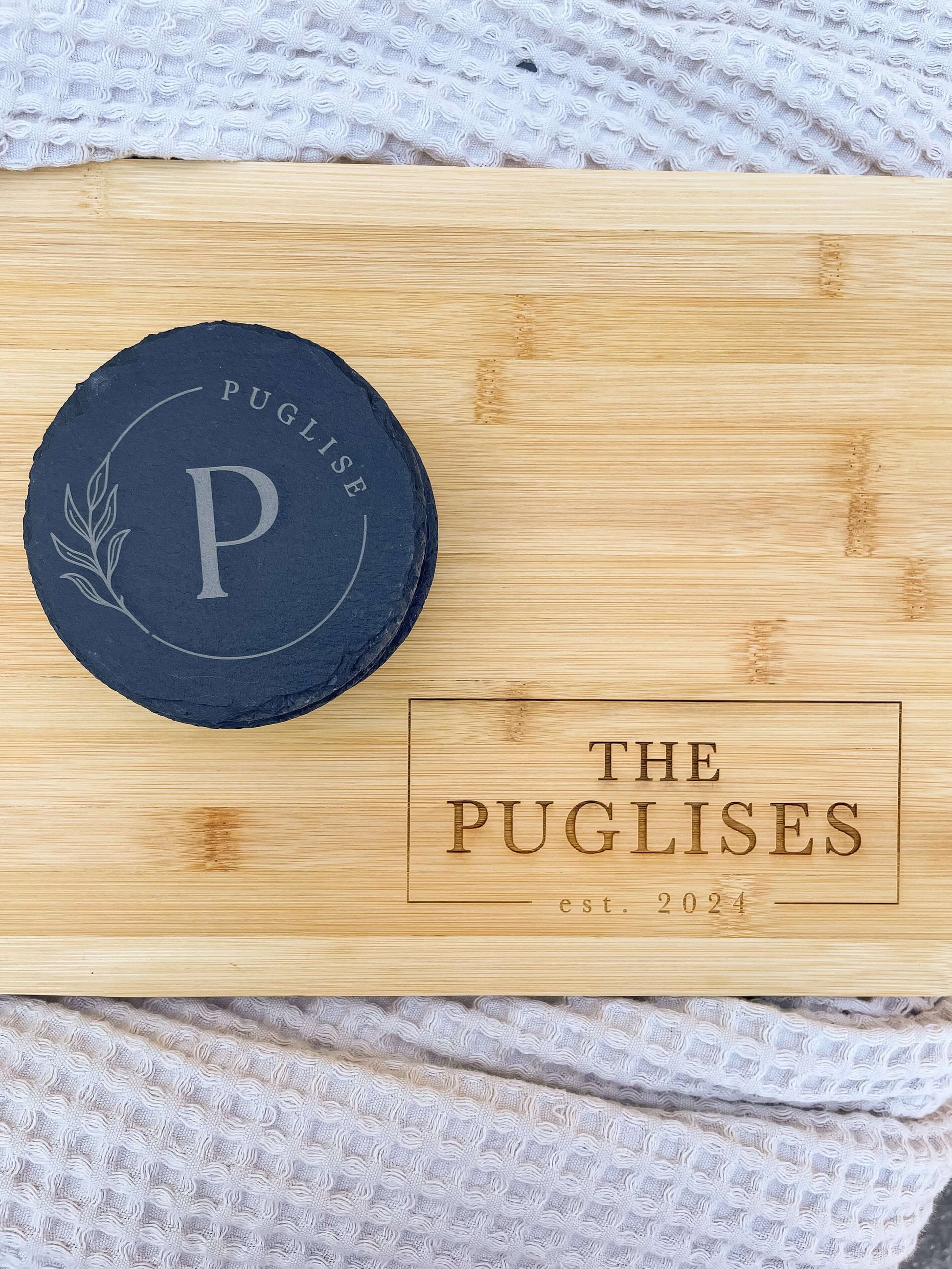 Large bamboo charcuterie board with custom family name design, gift for weddings housewarming realtors