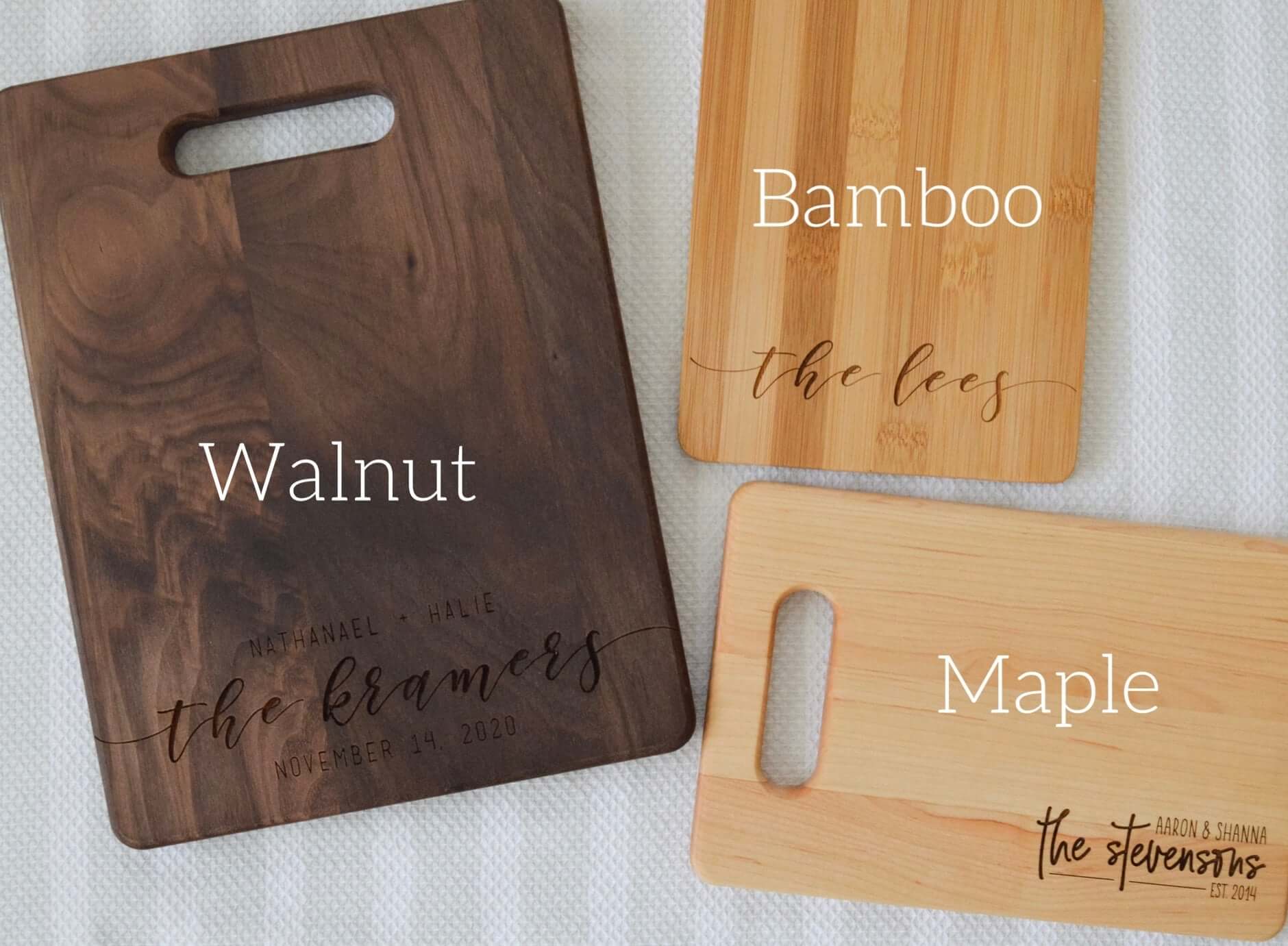 Wood options for engraved serving boards, personalized wedding housewarming realtor gift with family name