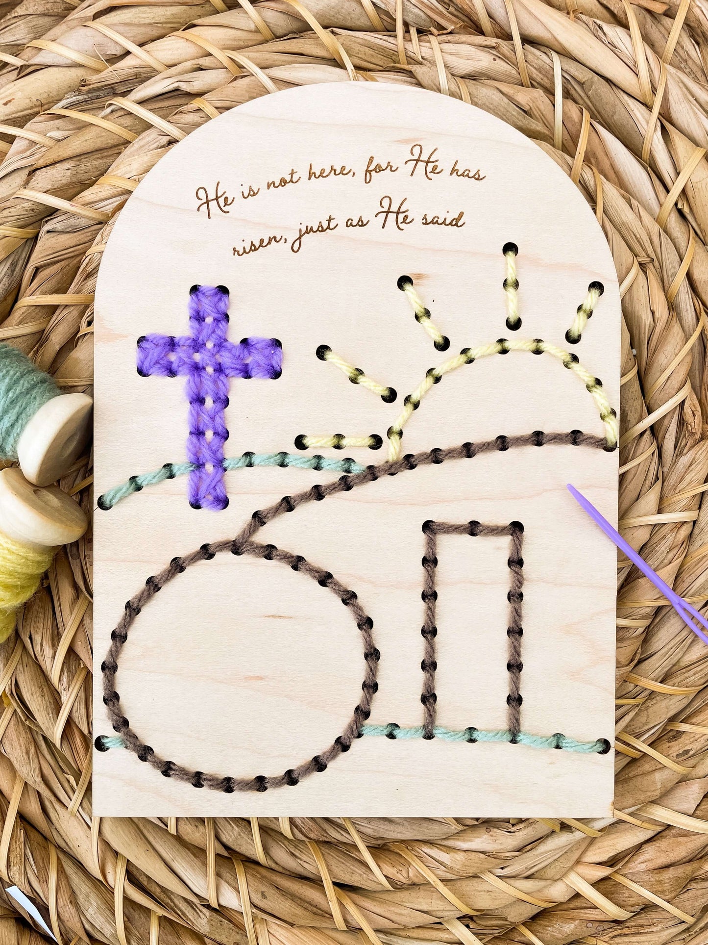 Christian yarn embroidery wood pattern for kids, craft kit for beginners, learn to stitch with diy instructions