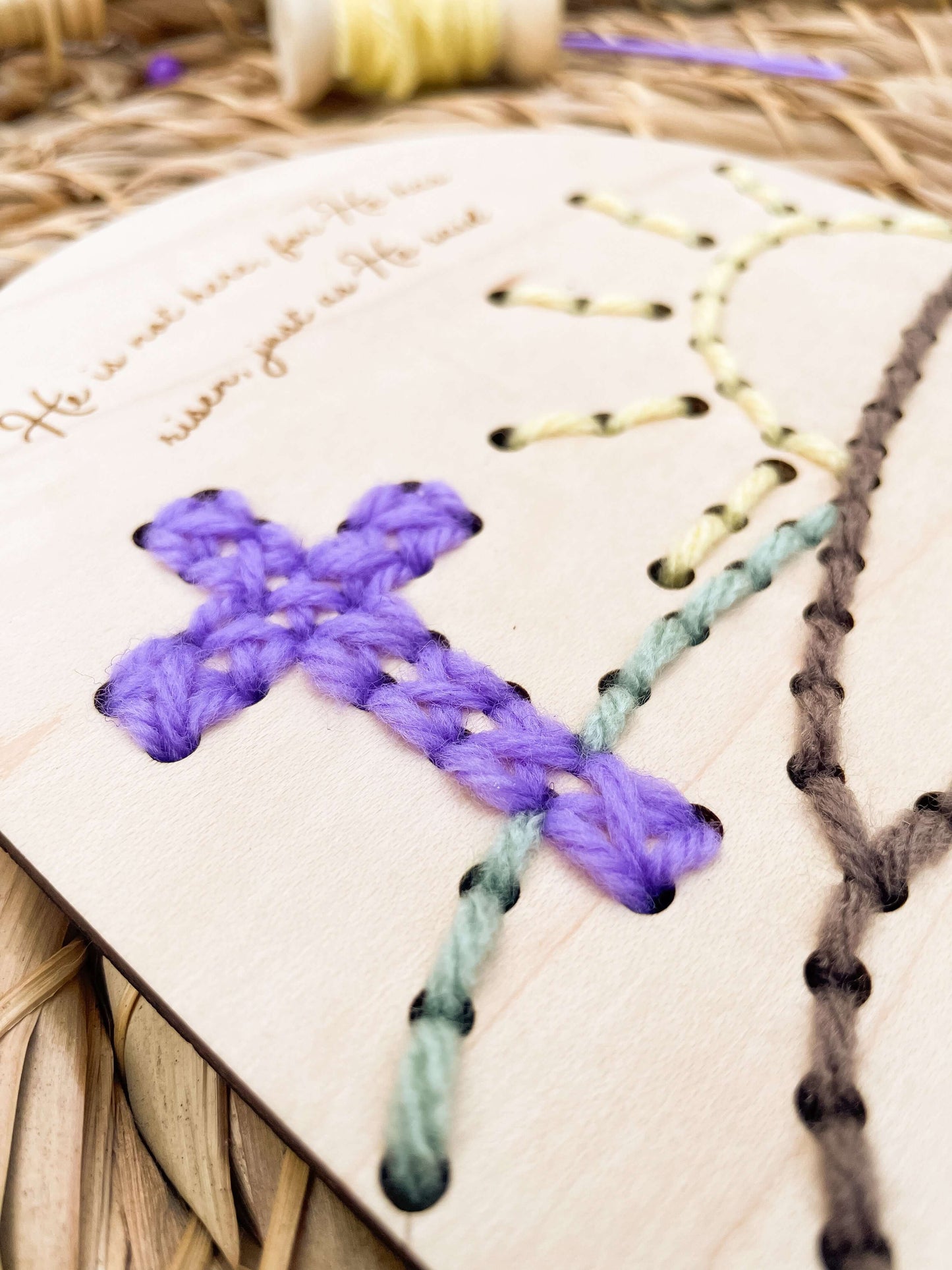 Christian yarn embroidery wood pattern for kids, craft kit for beginners, learn to stitch with diy instructions