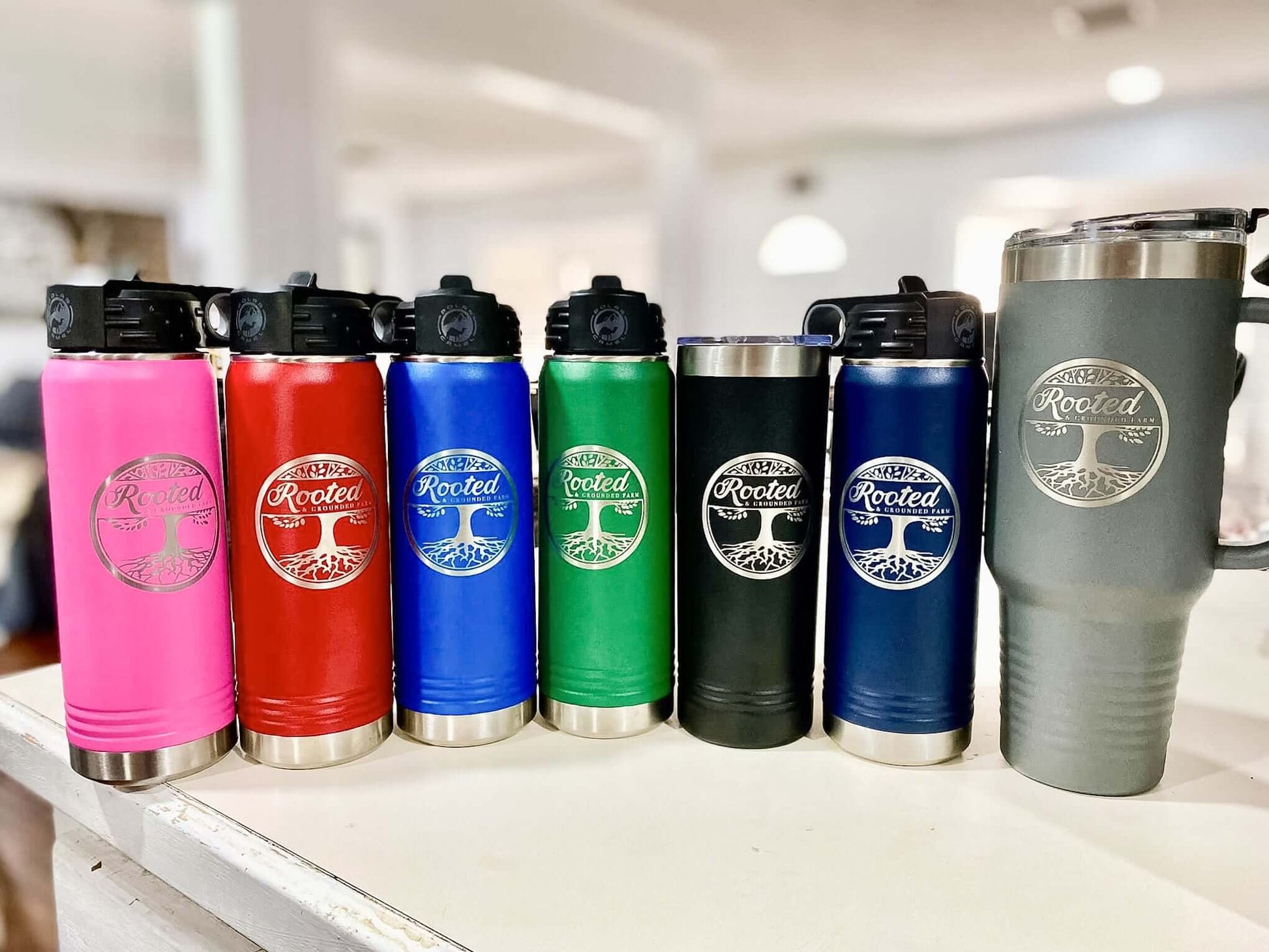 Premium powder coated tumblers with custom engraved logo, bulk pricing for business or teams