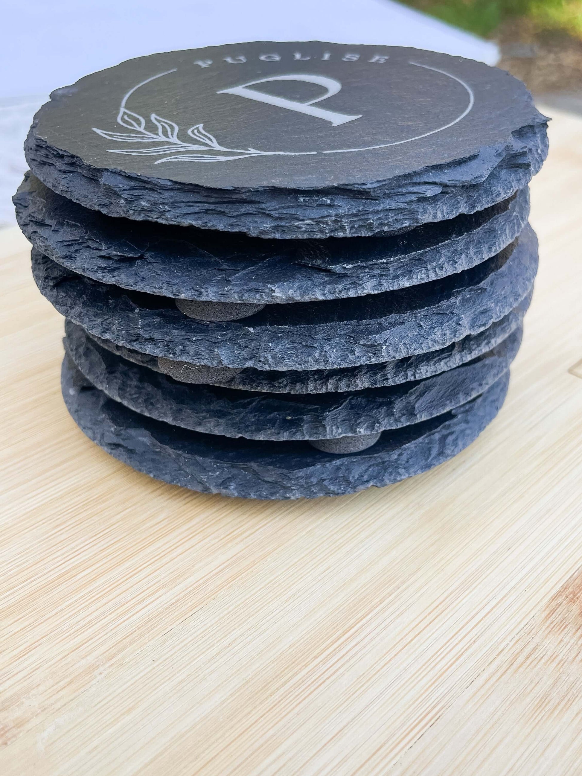 Engraved slate coaster set with custom family name design, gift for weddings housewarming realtors