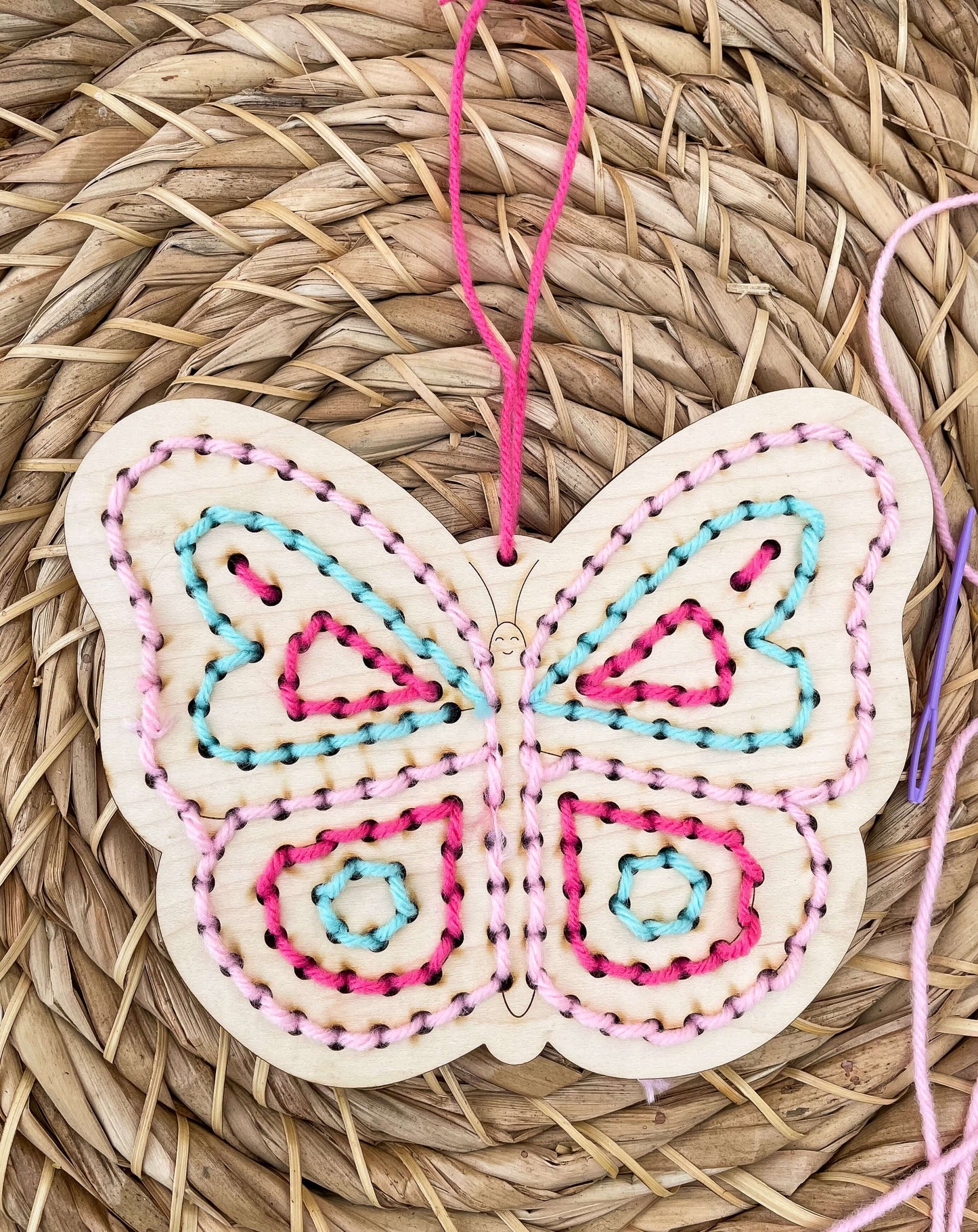 Butterfly yarn embroidery wood pattern for kids, craft kit for beginners, learn to stitch with diy instructions