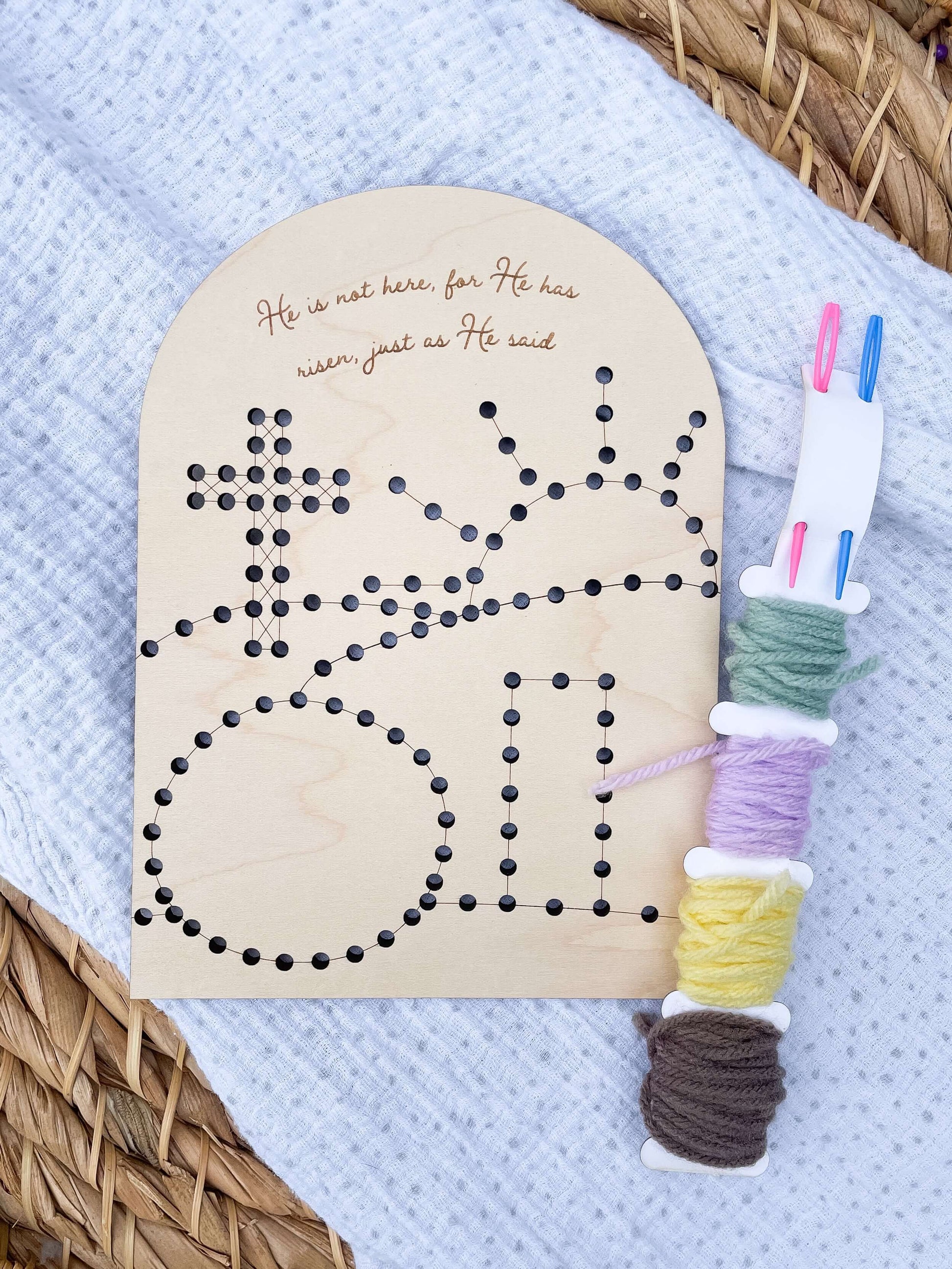 Christian yarn embroidery wood pattern for kids, craft kit for beginners, learn to stitch with diy instructions