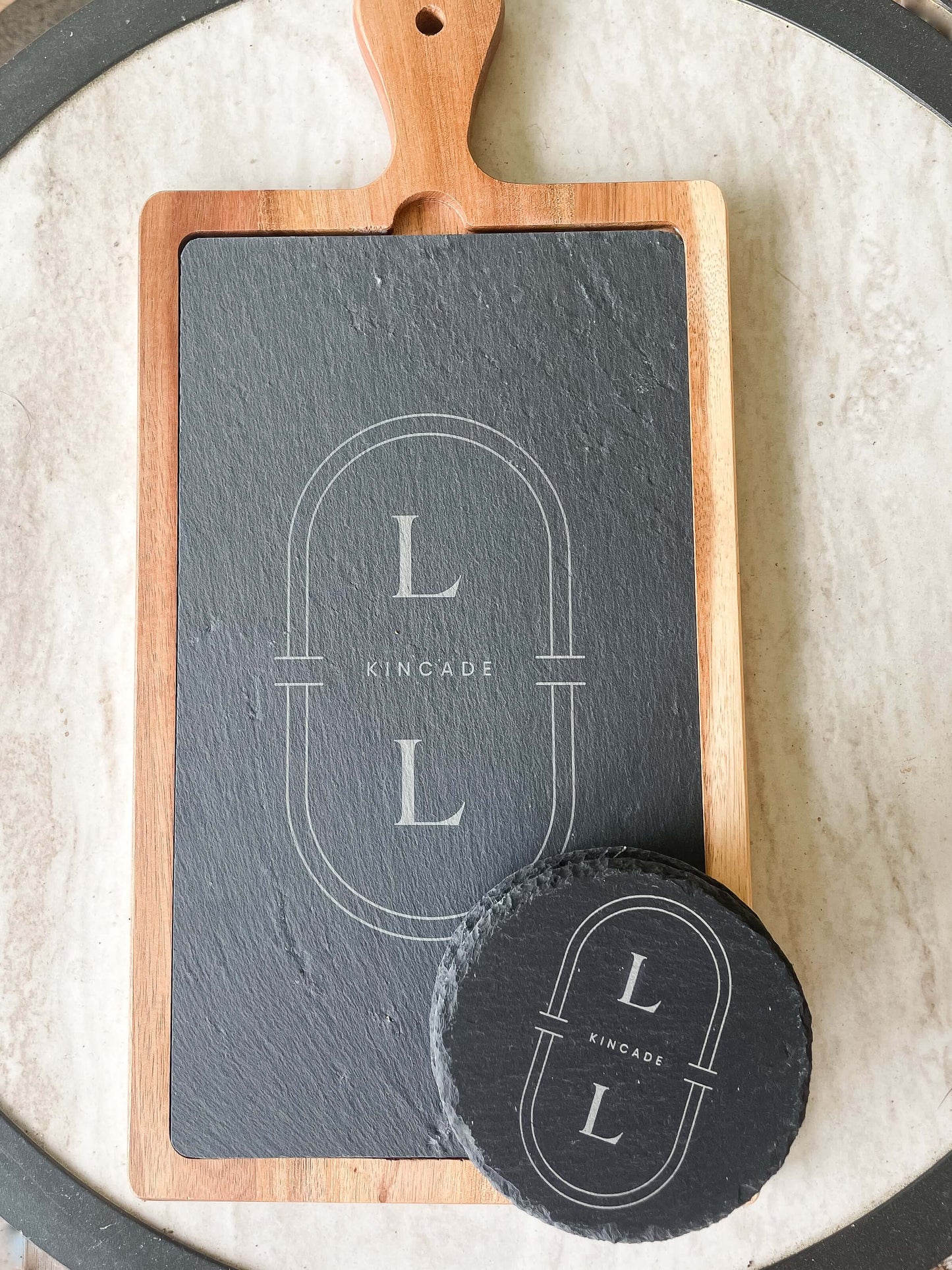 Engraved acacia serving board with slate insert, personalized wedding housewarming realtor gift with family name