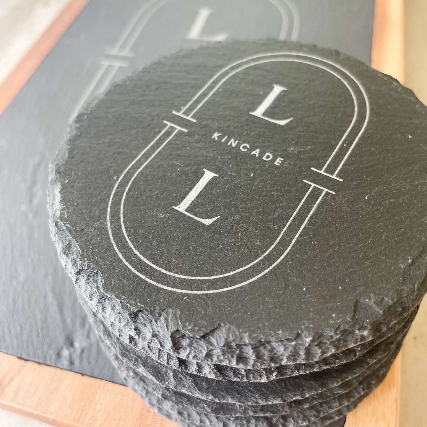 Engraved slate coasters, personalized wedding housewarming realtor gift with family name