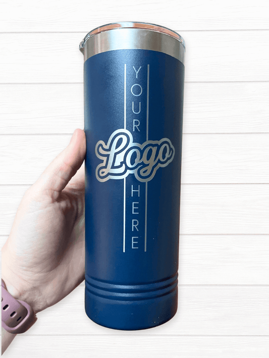 Premium powder coated tumblers with custom engraved logo, bulk pricing for business or teams