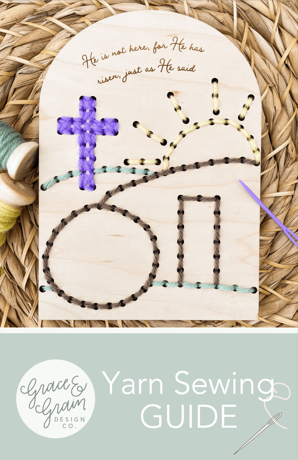 Christian yarn embroidery wood pattern for kids, craft kit for beginners, learn to stitch with diy instructions