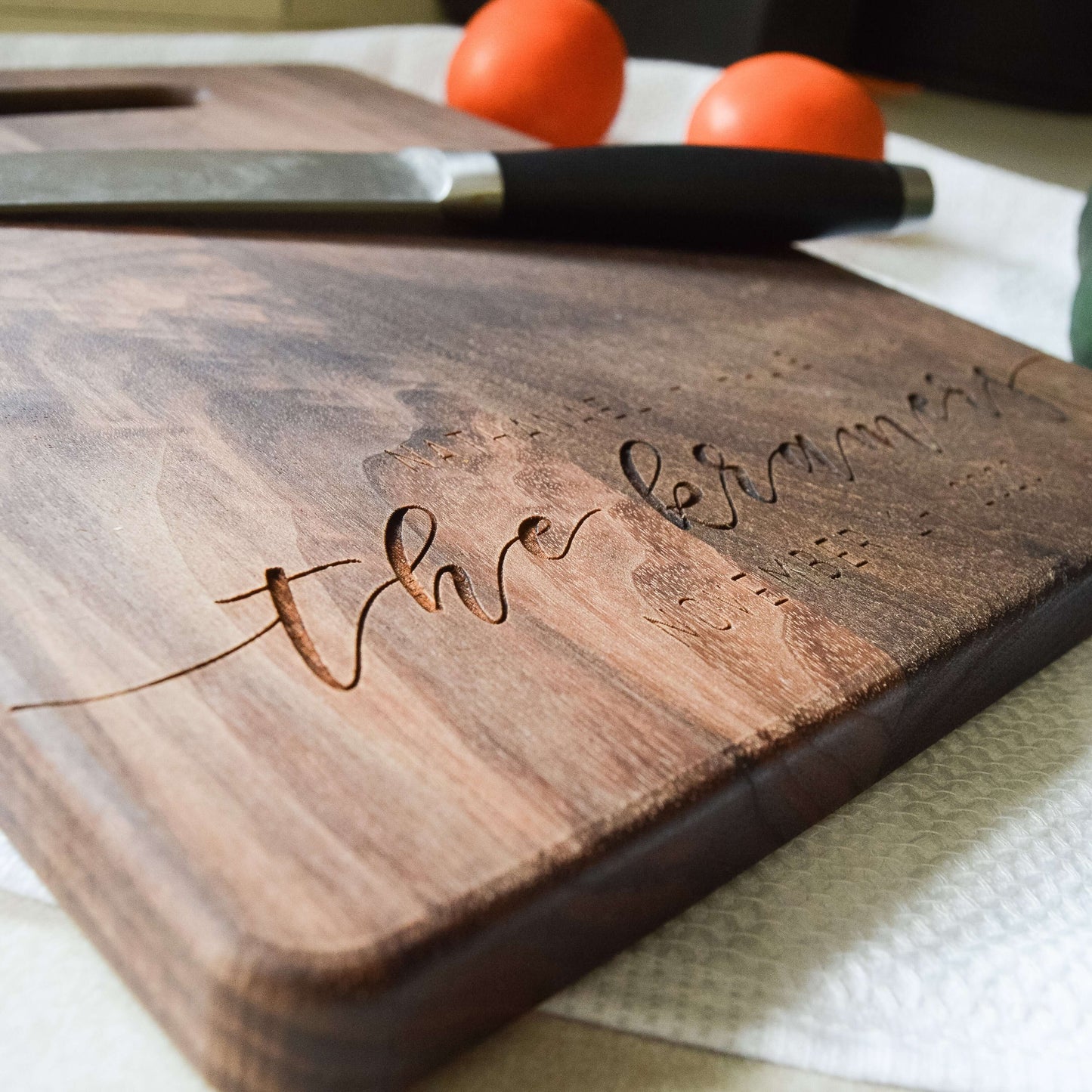 Engraved walnut wood serving board, personalized wedding housewarming realtor gift with script family name