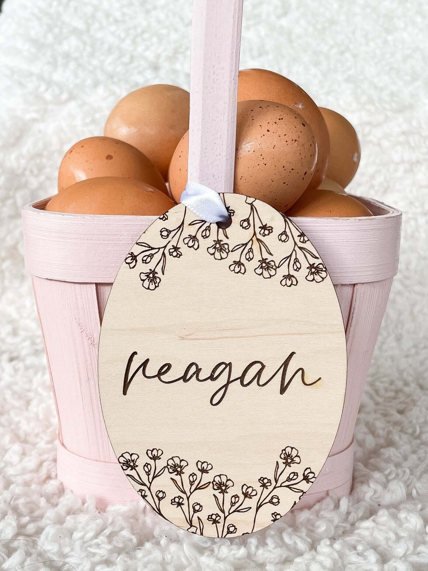 Floral Oval Wood Easter Basket Name Tag