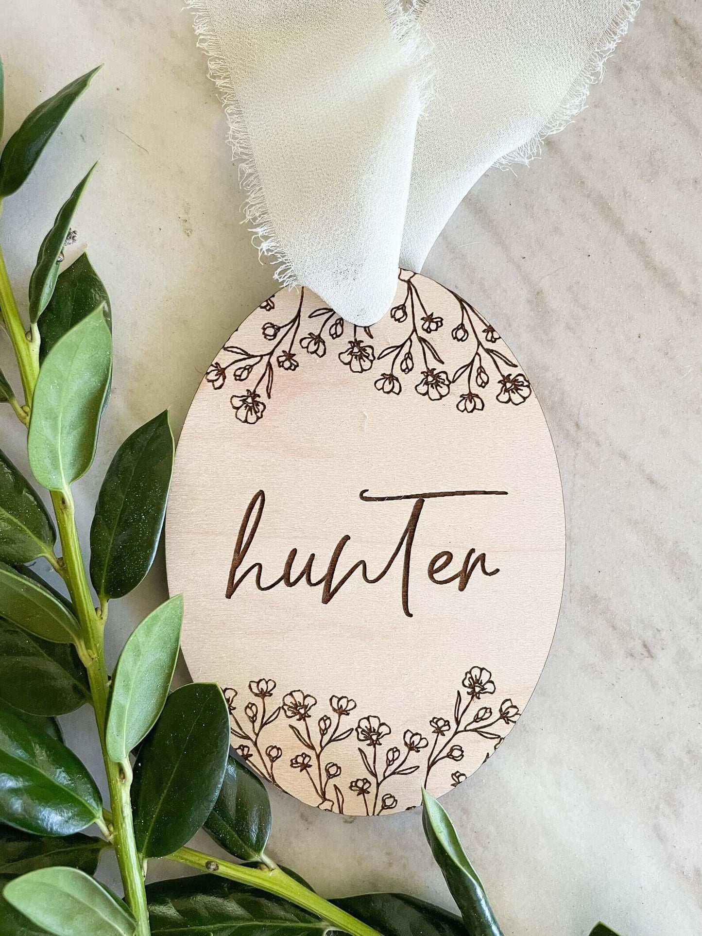 Floral Oval Wood Easter Basket Name Tag